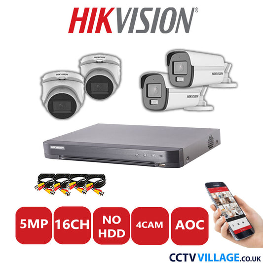 Hikvision 5MP Mix CCTV System 16 Channel DVR-iDS-7216HQHI-K1/4S with 2x Turret Cameras DS.2CE76HOT-ITMFS White & 2x Bullet Cameras DS.2CE12KF0T-LFS White No HDD Full Kit