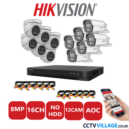 Hikvision 8MP Mix CCTV System 16 Channel DVR-iDS-7216HUHI-M2/S with 6x Turret Cameras DS.2CE76U1T-ITMF White & 6x Bullet Cameras DS.2CE12UF3T-E White No HDD Full Kit