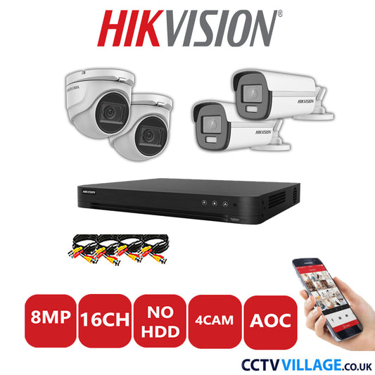 Hikvision 8MP Mix CCTV System 16 Channel DVR-iDS-7216HUHI-M2/S with 2x Turret Cameras DS.2CE76U1T-ITMF White & 2x Bullet Cameras DS.2CE12UF3T-E White No HDD Full Kit