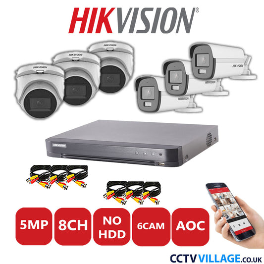 Hikvision 5MP Mix CCTV System 8 Channel DVR-iDS-7208HQHI-K1/4S with 3x Turret Cameras DS.2CE76HOT-ITMFS White & 3x Bullet Cameras DS.2CE12KF0T-LFS White No HDD Full Kit