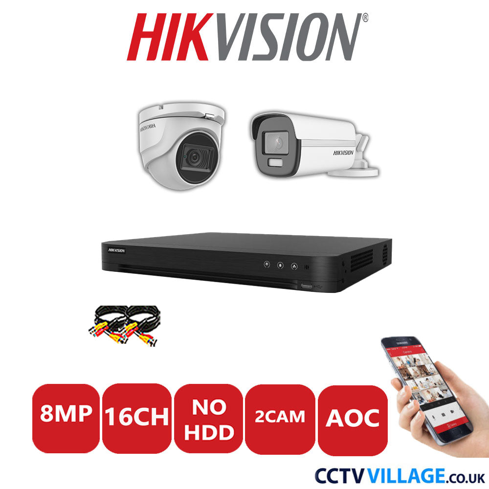 Hikvision 8MP Mix CCTV System 16 Channel DVR-iDS-7216HUHI-M2/S with 1x Turret Camera DS.2CE76U1T-ITMF White & 1x Bullet Camera DS.2CE12UF3T-E White No HDD Full Kit