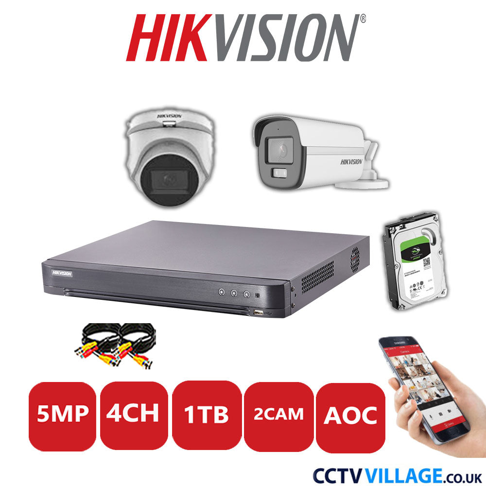 Hikvision 5MP Mix CCTV System 4 Channel DVR-iDS-7204HQHI-K1/2S with 1x Turret Camera DS-2CE76H0T-ITMFS White & 1x Bullet Camera DS.2CE12KF0T-LFS White 1TB HDD Full Kit