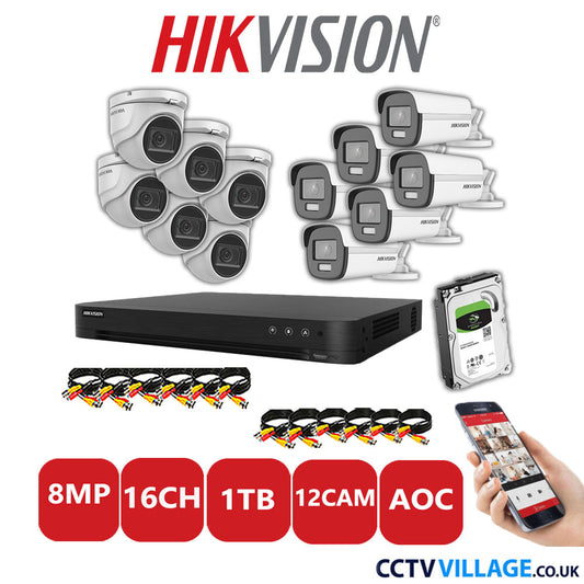 Hikvision 8MP Mix CCTV System 16 Channel DVR-iDS-7216HUHI-M2/S with 6x Turret Cameras DS.2CE76U1T-ITMF White & 6x Bullet Cameras DS.2CE12UF3T-E White 1TB HDD Full Kit