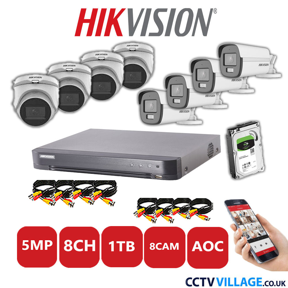 Hikvision 5MP Mix CCTV System 8 Channel DVR-iDS-7208HQHI-K1/4S with 4x Turret Cameras DS.2CE76HOT-ITMFS White & 4x Bullet Cameras DS.2CE12KF0T-LFS White 1TB HDD Full Kit