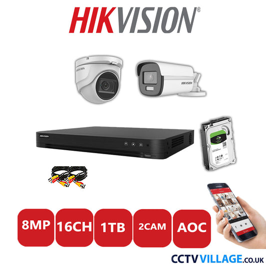 Hikvision 8MP Mix CCTV System 16 Channel DVR-iDS-7216HUHI-M2/S with 1x Turret Camera DS.2CE76U1T-ITMF White & 1x Bullet Camera DS.2CE12UF3T-E White 1TB HDD Full Kit