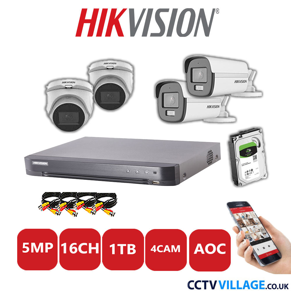 Hikvision 5MP Mix CCTV System 16 Channel DVR-iDS-7216HQHI-K1/4S with 2x Turret Cameras DS.2CE76HOT-ITMFS White & 2x Bullet Cameras DS.2CE12KF0T-LFS White 1TB HDD Full Kit