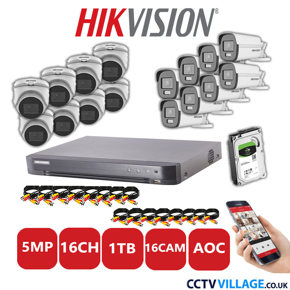 Hikvision 5MP Mix CCTV System 16 Channel DVR-iDS-7216HQHI-K1/4S with 8x Turret Cameras DS.2CE76HOT-ITMFS White & 8x Bullet Cameras DS.2CE12KF0T-LFS White 1TB HDD Full Kit