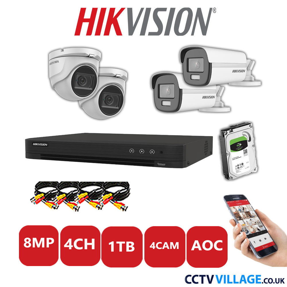 Hikvision 8MP Mix CCTV System 4 Channel DVR-iDS-7204HUHI-M1/S with 2x Turret Cameras DS.2CE76U1T-ITMF White & 2x Bullet Cameras DS.2CE12UF3T-E White 1TB HDD Full Kit