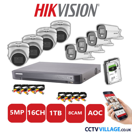 Hikvision 5MP Mix CCTV System 16 Channel DVR-iDS-7216HQHI-K1/4S with 4x Turret Cameras DS.2CE76HOT-ITMFS White & 4x Bullet Cameras DS.2CE12KF0T-LFS White 1TB HDD Full Kit