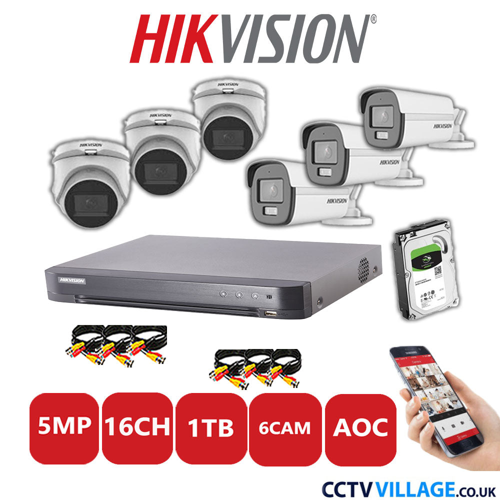 Hikvision 5MP Mix CCTV System 16 Channel DVR-iDS-7216HQHI-K1/4S with 3x Turret Cameras DS.2CE76HOT-ITMFS White & 3x Bullet Cameras DS.2CE12KF0T-LFS White 1TB HDD Full Kit