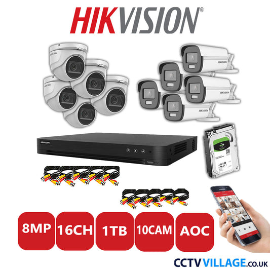 Hikvision 8MP Mix CCTV System 16 Channel DVR-iDS-7216HUHI-M2/S with 5x Turret Cameras DS.2CE76U1T-ITMF White & 5x Bullet Cameras DS.2CE12UF3T-E White 1TB HDD Full Kit