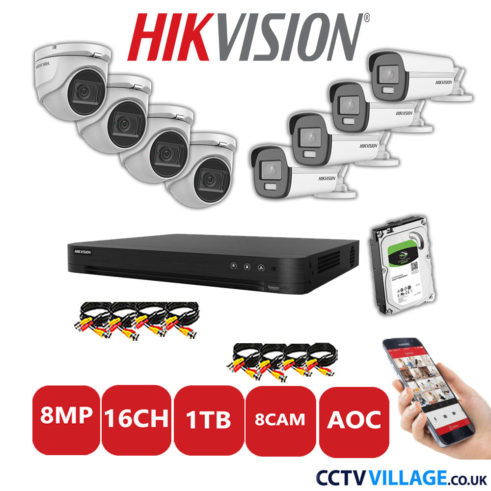 Hikvision 8MP Mix CCTV System 16 Channel DVR-iDS-7216HUHI-M2/S with 4x Turret Cameras DS.2CE76U1T-ITMF White & 4x Bullet Cameras DS.2CE12UF3T-E White 1TB HDD Full Kit