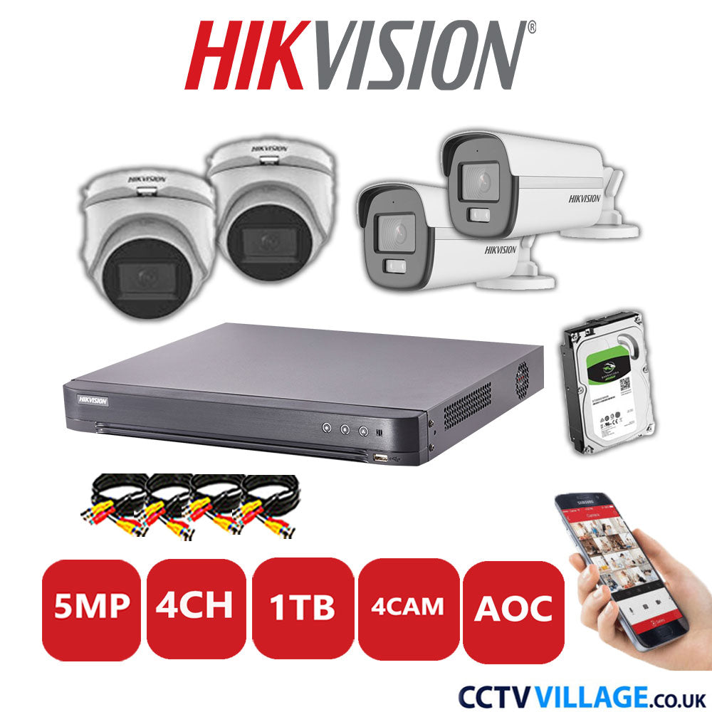 Hikvision 5MP Mix CCTV System 4 Channel DVR-iDS-7204HQHI-K1/2S with 2x Turret Cameras DS-2CE76H0T-ITMFS White & 2x Bullet Cameras DS.2CE12KF0T-LFS White 1TB HDD Full Kit