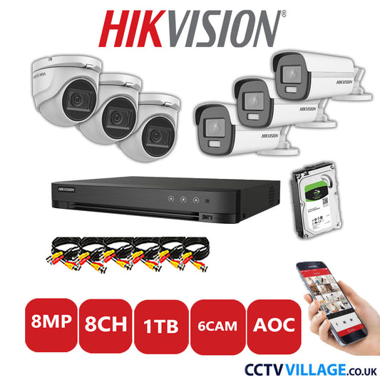 Hikvision 8MP Mix CCTV System 8 Channel DVR-iDS-7208HUHI-M1/S with 3x Turret Cameras DS.2CE76U1T-ITMF White & 3x Bullet Cameras DS.2CE12UF3T-E White 1TB HDD Full Kit