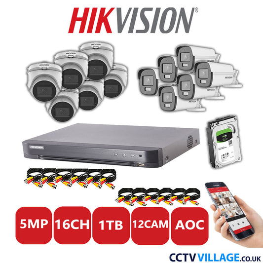 Hikvision 5MP Mix CCTV System 16 Channel DVR-iDS-7216HQHI-K1/4S with 6x Turret Cameras DS.2CE76HOT-ITMFS White & 6x Bullet Cameras DS.2CE12KF0T-LFS White 1TB HDD Full Kit