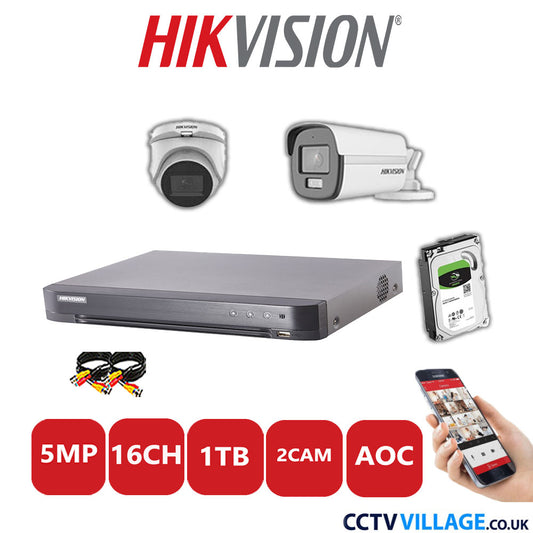 Hikvision 5MP Mix CCTV System 16 Channel DVR-iDS-7216HQHI-K1/4S with 1x Turret Camera DS.2CE76HOT-ITMFS White & 1x Bullet Camera DS.2CE12KF0T-LFS White 1TB HDD Full Kit