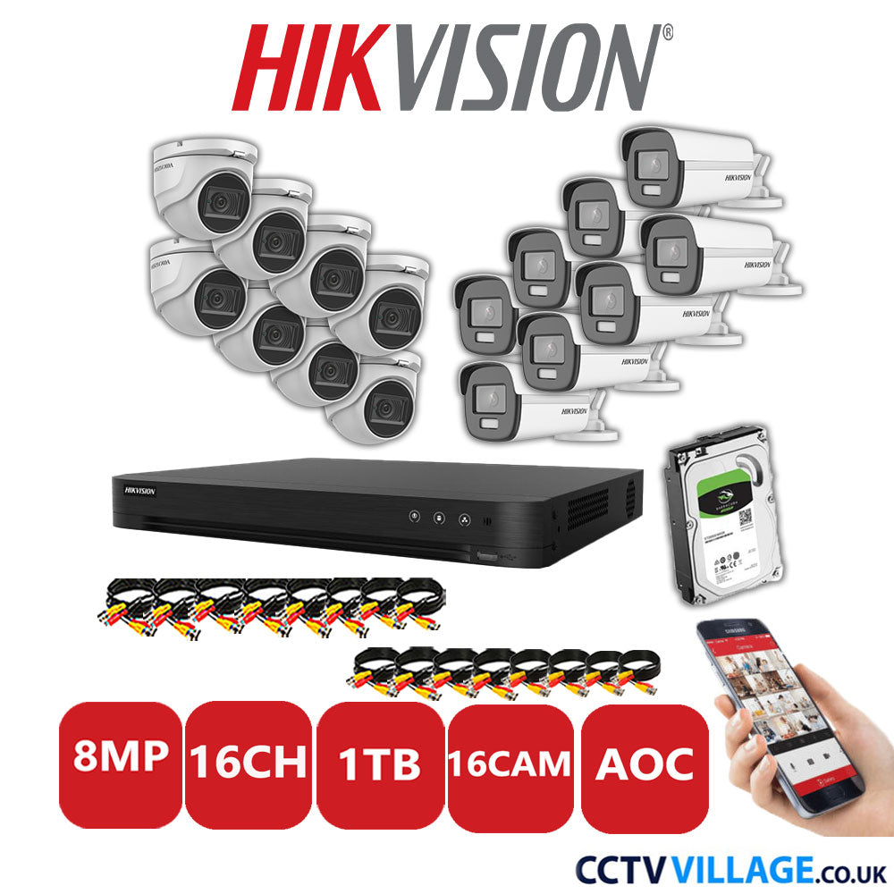 Hikvision 8MP Mix CCTV System 16 Channel DVR-iDS-7216HUHI-M2/S with 8x Turret Cameras DS.2CE76U1T-ITMF White & 8x Bullet Cameras DS.2CE12UF3T-E White 1TB HDD Full Kit