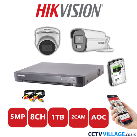 Hikvision 5MP Mix CCTV System 8 Channel DVR-iDS-7208HQHI-K1/4S with 1x Turret Camera DS.2CE76HOT-ITMFS White & 1x Bullet Camera DS.2CE12KF0T-LFS White 1TB HDD Full Kit