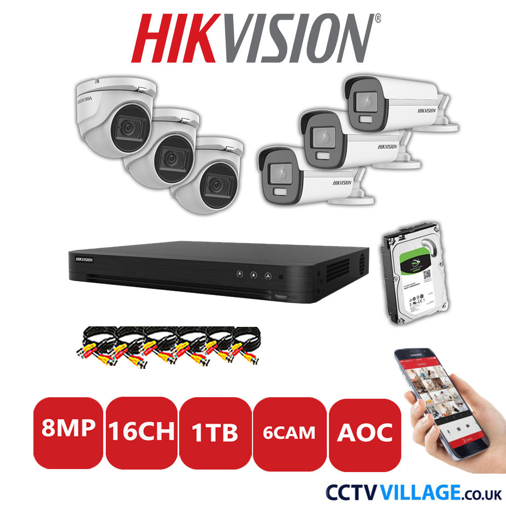 Hikvision 8MP Mix CCTV System 16 Channel DVR-iDS-7216HUHI-M2/S with 3x Turret Cameras DS.2CE76U1T-ITMF White & 3x Bullet Cameras DS.2CE12UF3T-E White 1TB HDD Full Kit