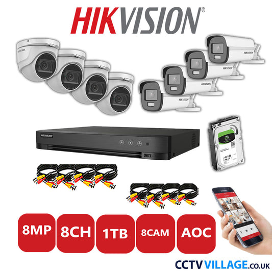 Hikvision 8MP Mix CCTV System 8 Channel DVR-iDS-7208HUHI-M1/S with 4x Turret Cameras DS.2CE76U1T-ITMF White & 4x Bullet Cameras DS.2CE12UF3T-E White 1TB HDD Full Kit