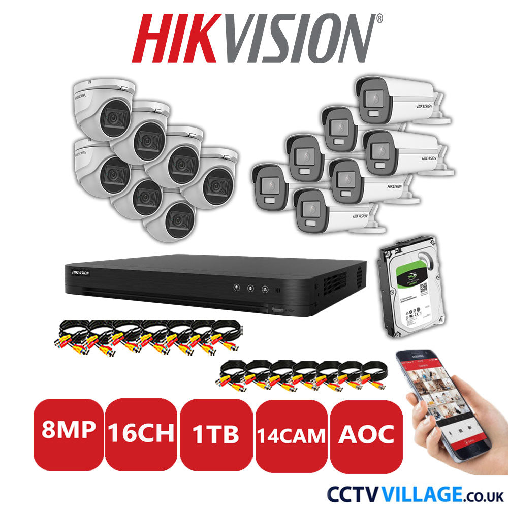 Hikvision 8MP Mix CCTV System 16 Channel DVR-iDS-7216HUHI-M2/S with 7x Turret Cameras DS.2CE76U1T-ITMF White & 7x Bullet Cameras DS.2CE12UF3T-E White 1TB HDD Full Kit