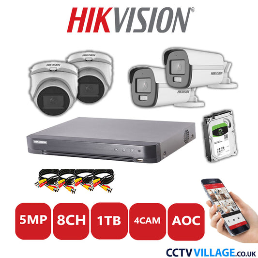 Hikvision 5MP Mix CCTV System 8 Channel DVR-iDS-7208HQHI-K1/4S with 2x Turret Cameras DS.2CE76HOT-ITMFS White & 2x Bullet Cameras DS.2CE12KF0T-LFS White 1TB HDD Full Kit