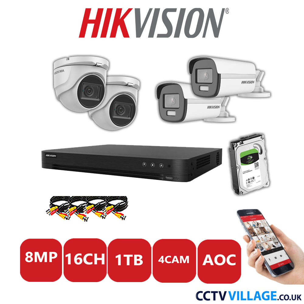 Hikvision 8MP Mix CCTV System 16 Channel DVR-iDS-7216HUHI-M2/S with 2x Turret Cameras DS.2CE76U1T-ITMF White & 2x Bullet Cameras DS.2CE12UF3T-E White 1TB HDD Full Kit