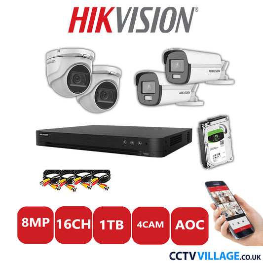 Hikvision 8MP Mix CCTV System 16 Channel DVR-iDS-7216HUHI-M2/S with 2x Turret Cameras DS.2CE76U1T-ITMF White & 2x Bullet Cameras DS.2CE12UF3T-E White 1TB HDD Full Kit