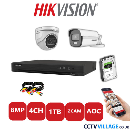 Hikvision 8MP Mix CCTV System 4 Channel DVR-iDS-7204HUHI-M1/S with 1x Turret Camera DS.2CE76U1T-ITMF White & 1x Bullet Camera DS.2CE12UF3T-E White 1TB HDD Full Kit