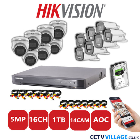 Hikvision 5MP Mix CCTV System 16 Channel DVR-iDS-7216HQHI-K1/4S with 7x Turret Cameras DS.2CE76HOT-ITMFS White & 7x Bullet Cameras DS.2CE12KF0T-LFS White 1TB HDD Full Kit