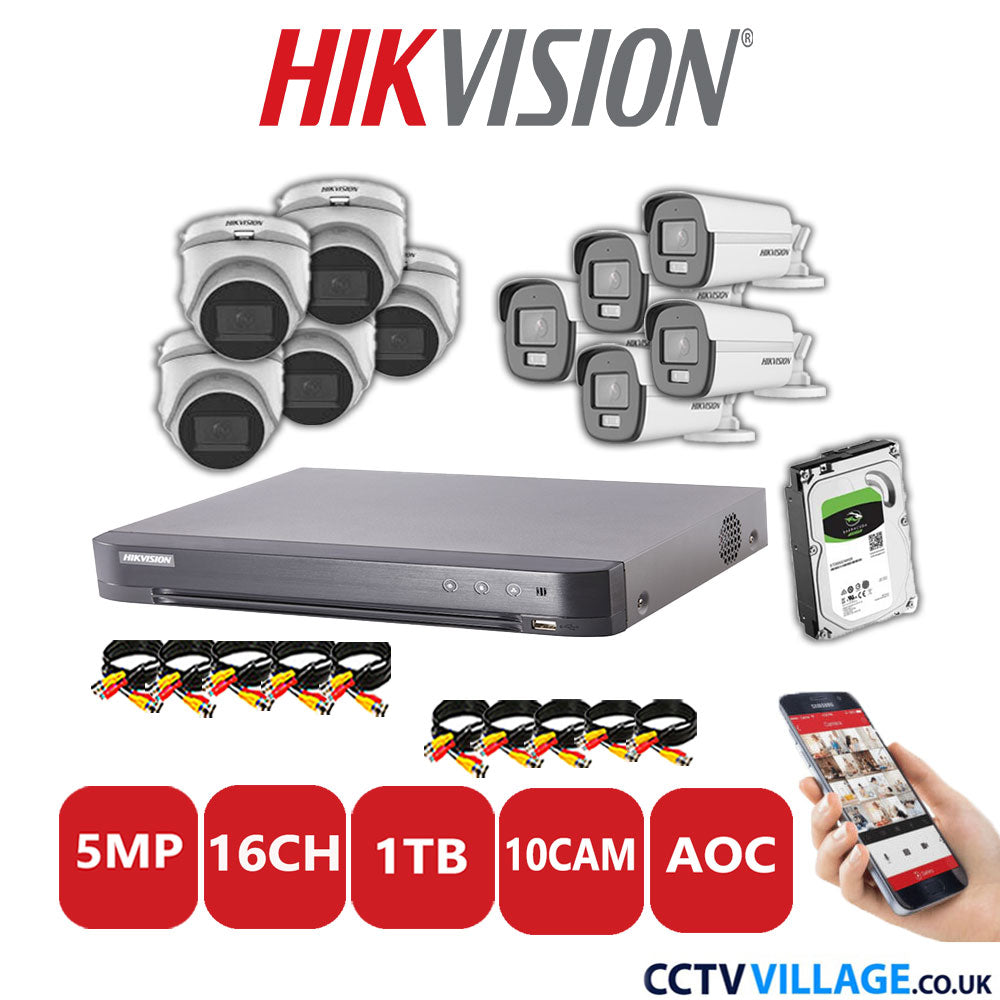 Hikvision 5MP Mix CCTV System 16 Channel DVR-iDS-7216HQHI-K1/4S with 5x Turret Cameras DS.2CE76HOT-ITMFS White & 5x Bullet Cameras DS.2CE12KF0T-LFS White 1TB HDD Full Kit