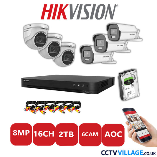 Hikvision 8MP Mix CCTV System 16 Channel DVR-iDS-7216HUHI-M2/S with 3x Turret Cameras DS.2CE76U1T-ITMF White & 3x Bullet Cameras DS.2CE12UF3T-E White 2TB HDD Full Kit