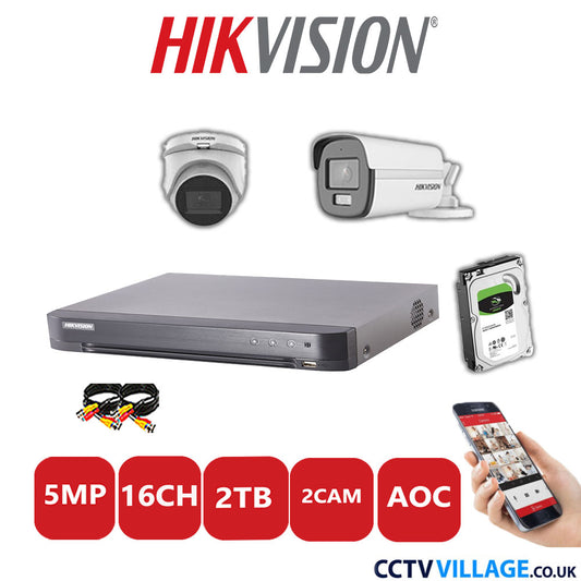 Hikvision 5MP Mix CCTV System 16 Channel DVR-iDS-7216HQHI-K1/4S with 1x Turret Camera DS.2CE76HOT-ITMFS White & 1x Bullet Camera DS.2CE12KF0T-LFS White 2TB HDD Full Kit