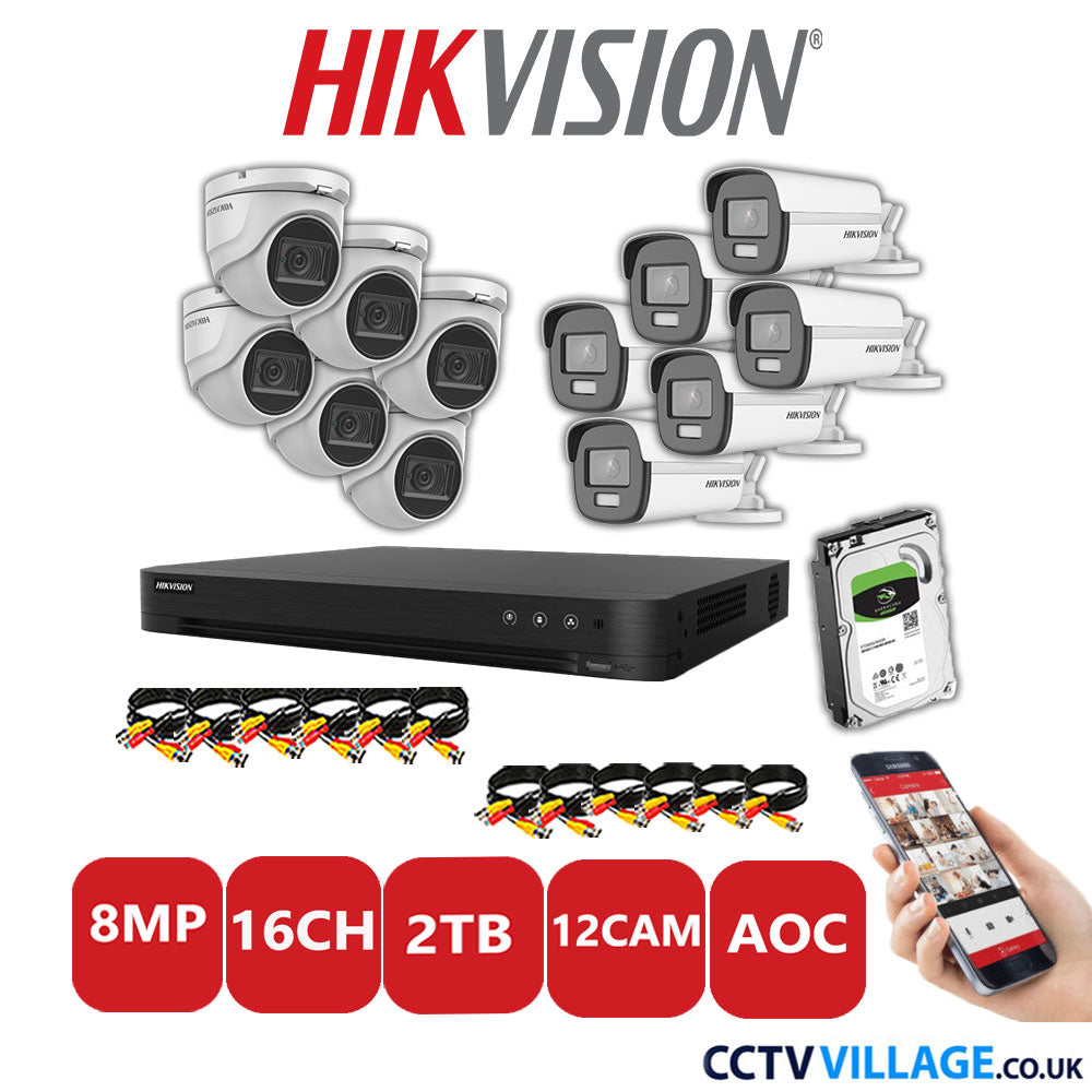 Hikvision 8MP Mix CCTV System 16 Channel DVR-iDS-7216HUHI-M2/S with 6x Turret Cameras DS.2CE76U1T-ITMF White & 6x Bullet Cameras DS.2CE12UF3T-E White 2TB HDD Full Kit