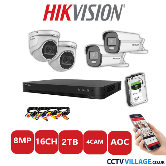 Hikvision 8MP Mix CCTV System 16 Channel DVR-iDS-7216HUHI-M2/S with 2x Turret Cameras DS.2CE76U1T-ITMF White & 2x Bullet Cameras DS.2CE12UF3T-E White 2TB HDD Full Kit