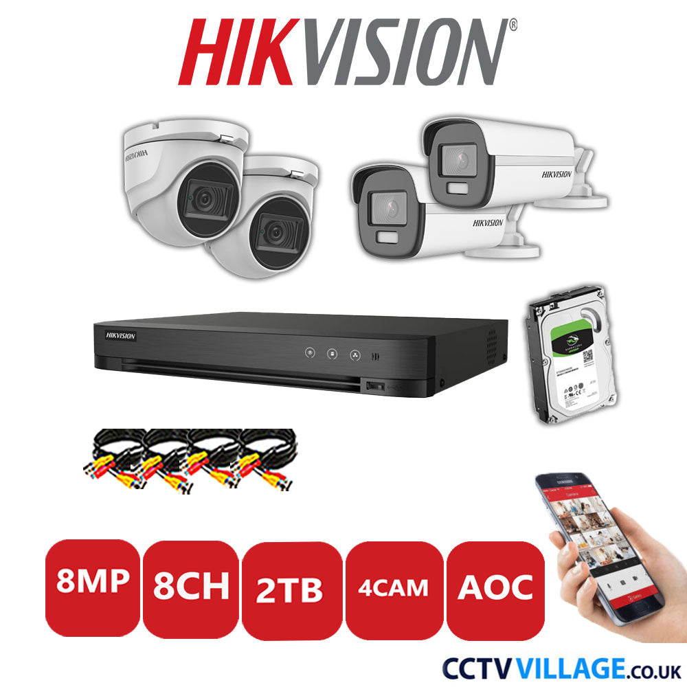 Hikvision 8MP Mix CCTV System 8 Channel DVR-iDS-7208HUHI-M1/S with 2x Turret Cameras DS.2CE76U1T-ITMF White & 2x Bullet Cameras DS.2CE12UF3T-E White 2TB HDD Full Kit