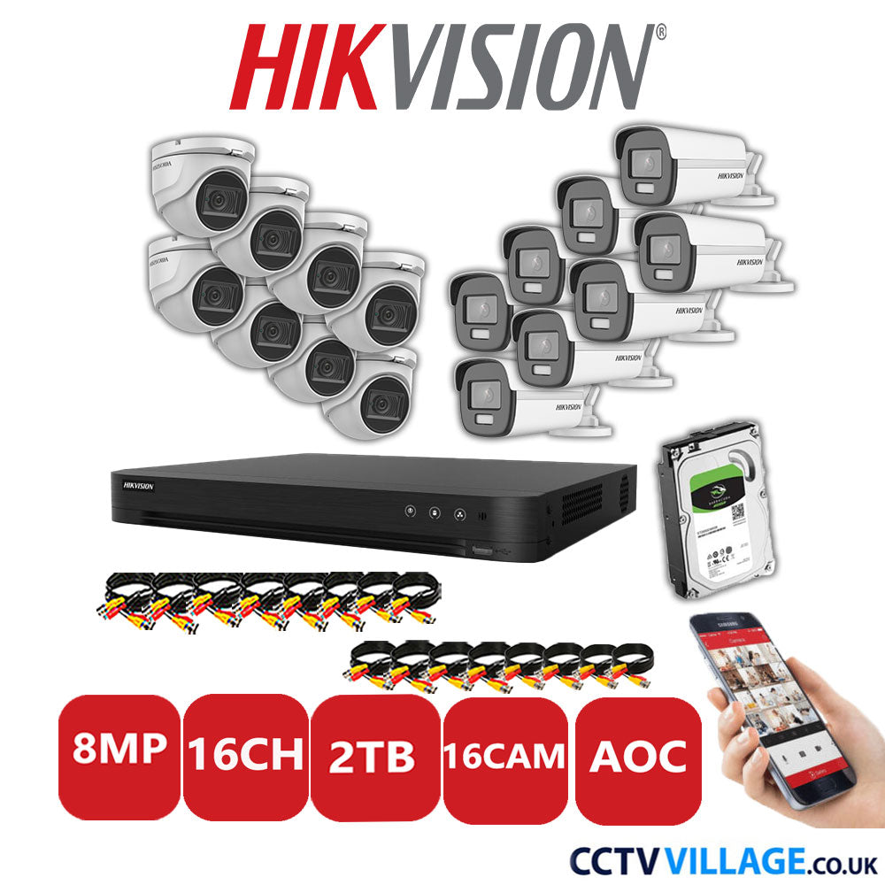 Hikvision 8MP Mix CCTV System 16 Channel DVR-iDS-7216HUHI-M2/S with 8x Turret Cameras DS.2CE76U1T-ITMF White & 8x Bullet Cameras DS.2CE12UF3T-E White 2TB HDD Full Kit