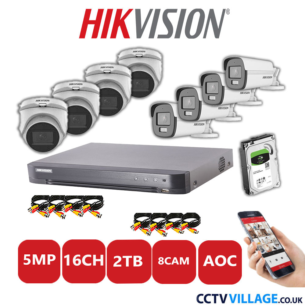 Hikvision 5MP Mix CCTV System 16 Channel DVR-iDS-7216HQHI-K1/4S with 4x Turret Cameras DS.2CE76HOT-ITMFS White & 4x Bullet Cameras DS.2CE12KF0T-LFS White 2TB HDD Full Kit