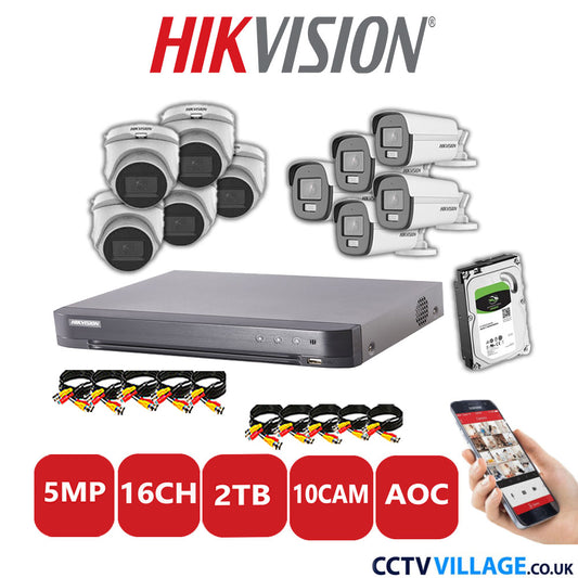 Hikvision 5MP Mix CCTV System 16 Channel DVR-iDS-7216HQHI-K1/4S with 5x Turret Cameras DS.2CE76HOT-ITMFS White & 5x Bullet Cameras DS.2CE12KF0T-LFS White 2TB HDD Full Kit