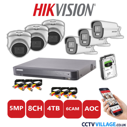 Hikvision 5MP Mix CCTV System 8 Channel DVR-iDS-7208HQHI-K1/4S with 3x Turret Cameras DS.2CE76HOT-ITMFS White & 3x Bullet Cameras DS.2CE12KF0T-LFS White 4TB HDD Full Kit