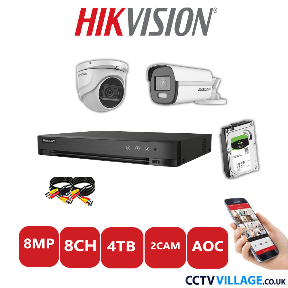 Hikvision 8MP Mix CCTV System 8 Channel DVR-iDS-7208HUHI-M1/S with 1x Turret Camera DS.2CE76U1T-ITMF White & 1x Bullet Camera DS.2CE12UF3T-E White 4TB HDD Full Kit