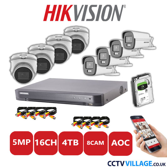 Hikvision 5MP Mix CCTV System 16 Channel DVR-iDS-7216HQHI-K1/4S with 4x Turret Cameras DS.2CE76HOT-ITMFS White & 4x Bullet Cameras DS.2CE12KF0T-LFS White 4TB HDD Full Kit