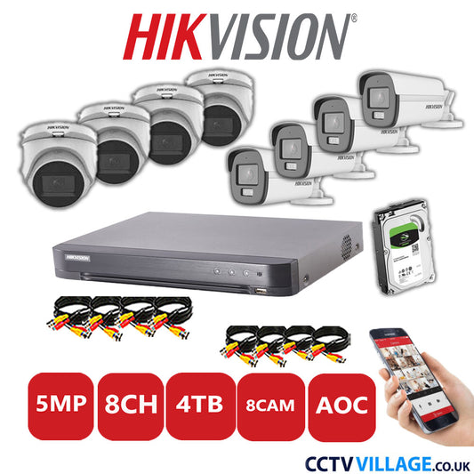 Hikvision 5MP Mix CCTV System 8 Channel DVR-iDS-7208HQHI-K1/4S with 4x Turret Cameras DS.2CE76HOT-ITMFS White & 4x Bullet Cameras DS.2CE12KF0T-LFS White 4TB HDD Full Kit