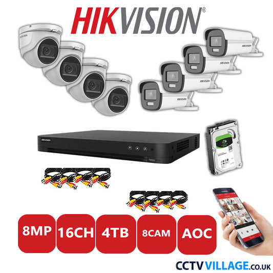 Hikvision 8MP Mix CCTV System 16 Channel DVR-iDS-7216HUHI-M2/S with 4x Turret Cameras DS.2CE76U1T-ITMF White & 4x Bullet Cameras DS.2CE12UF3T-E White 4TB HDD Full Kit