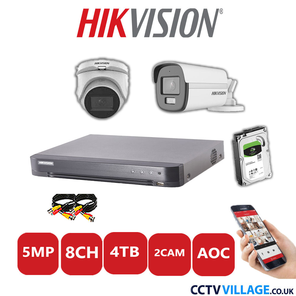 Hikvision 5MP Mix CCTV System 8 Channel DVR-iDS-7208HQHI-K1/4S with 1x Turret Camera DS.2CE76HOT-ITMFS White & 1x Bullet Camera DS.2CE12KF0T-LFS White 4TB HDD Full Kit