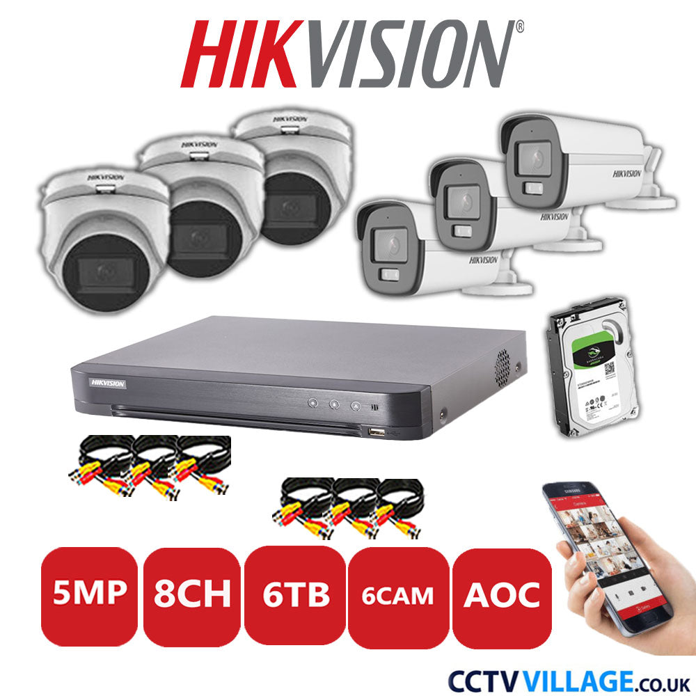 Hikvision 5MP Mix CCTV System 8 Channel DVR-iDS-7208HQHI-K1/4S with 3x Turret Cameras DS.2CE76HOT-ITMFS White & 3x Bullet Cameras DS.2CE12KF0T-LFS White 6TB HDD Full Kit