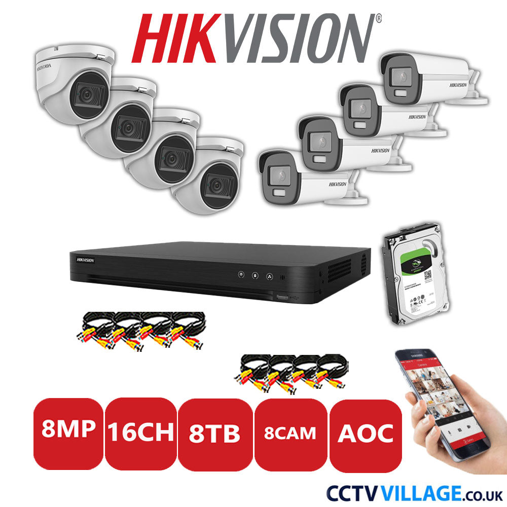 Hikvision 8MP Mix CCTV System 16 Channel DVR-iDS-7216HUHI-M2/S with 4x Turret Cameras DS.2CE76U1T-ITMF White & 4x Bullet Cameras DS.2CE12UF3T-E White 8TB HDD Full Kit