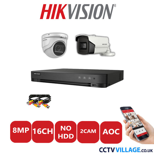 Hikvision 8MP Mix CCTV System 16 Channel DVR-iDS-7216HUHI-M2/S with 1x Turret Camera DS.2CE76U1T-ITMF White & 1x Bullet Camera DS.2CE16U1T-IT3F White No HDD Full Kit