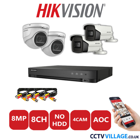 Hikvision 8MP Mix CCTV System 8 Channel DVR-iDS-7208HUHI-M1/S with 2x Turret Cameras DS.2CE76U1T-ITMF White & 2x Bullet Cameras DS.2CE16U1T-IT3F White No HDD Full Kit