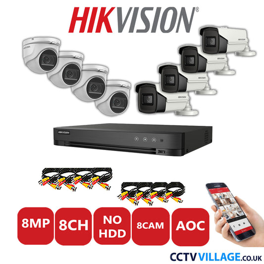 Hikvision 8MP Mix CCTV System 8 Channel DVR-iDS-7208HUHI-M1/S with 4x Turret Cameras DS.2CE76U1T-ITMF White & 4x Bullet Cameras DS.2CE16U1T-IT3F White No HDD Full Kit